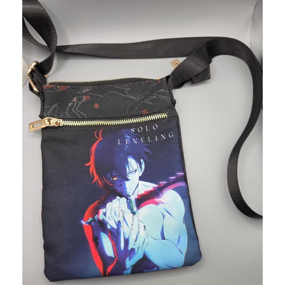 Solo Leveling Sung Jinwoo Crossbody Bag Anime Black Adjustable Strap Zip Purse